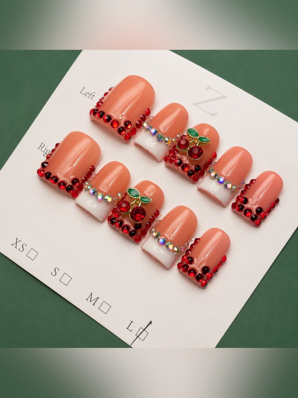 Red Glam Rhinestone French Tip Press On Nails | Cherries | Baby Ducks | Large